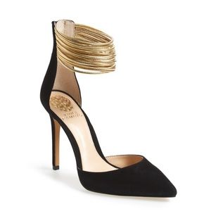 Black suede pumps with metallic leather straps